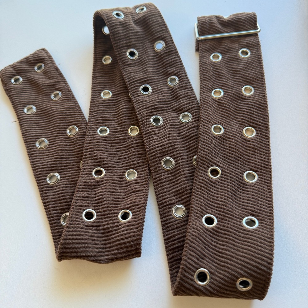 Brown Corduroy Triple Grommet Wide Belt Silver Eyelet Utility Punk Style